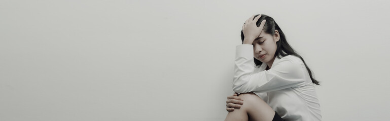 Fototapeta premium Depression anxiety woman asian chinese people feeling sad tired and worried, problems and broken heart concept.