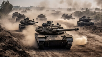tanks in a battlefield created with Generative AI technology - obrazy, fototapety, plakaty