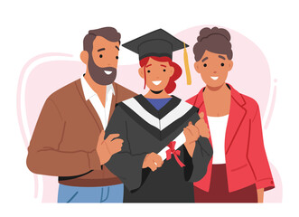 Happy Family Characters Celebrate Daughter Graduation, Embrace And Celebrating Achievement, Proud Of Hard Work