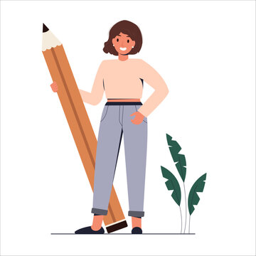 Business Woman holds big pencil. Confident female writer or content manager stands with pen. Copywriting and blogging concept. Vector stock illustration. Flat style student with a pencil. Education.