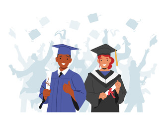Happy Girl And Boy Graduate In Their Graduation Gowns And Caps, Holding Their Diplomas And Celebrating