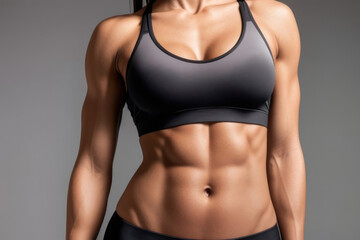 Fototapeta na wymiar Close-up of a beautiful sporty female body on gray background. Muscular abs. Generative AI