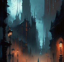 Fantasy city with slick streets highly detailed, digital painting, concept art, matte, sharp focus, watercolor illustration.