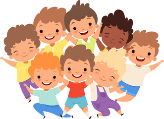 Boys kids group. Joyful ethnic hugging male children, cute friends characters portrait, cartoon happy kid together activities