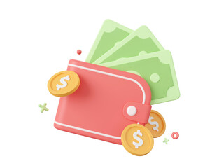 3d cartoon design illustration of Wallet with dollar coin and banknote.