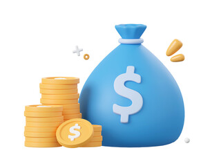 3d cartoon design illustration of Money bag and dollar coin, Money savings concept.