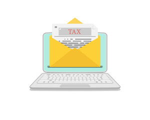 Electronic tax documents with laptop on isolated background, Digital marketing illustration.