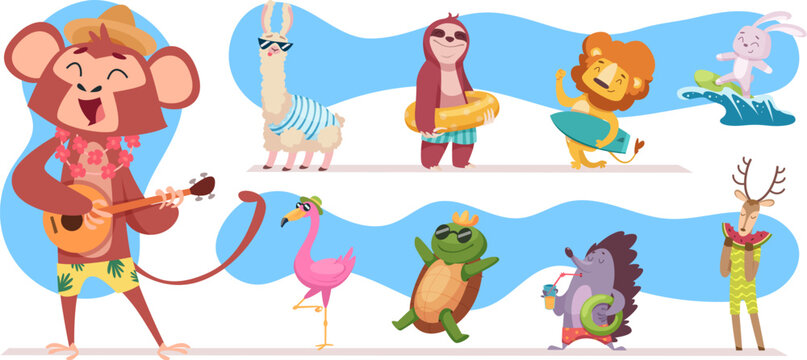 Summer animals. Hot season animals travelling on the sea walking in swimming suit exact vector cartoon pictures set