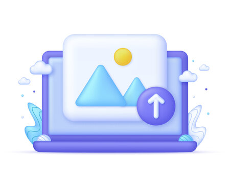 3D Upload picture icon on Computer. Picture, jpg file, photo icon. Gallery icon.