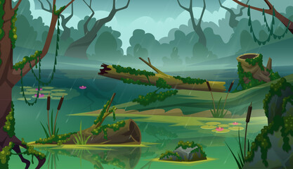 Cartoon forest background. Green moss in wood exact vector landscape