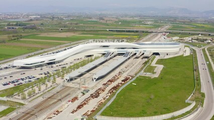 Aerial view of the Naples Afragola railway station. It is an Italian high-speed railway station near Naples and Caserta, in Campania, Italy. It was designed by architect Zaha Hadid.