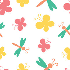 vector illustration seamless pattern of colored doodle butterflies and dragonflies on white background