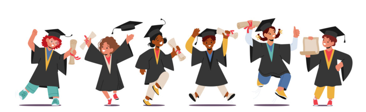 Graduate Kids Characters Celebrate Their Academic Success, With Big Smiles And Caps In Air, Cartoon Vector Illustration