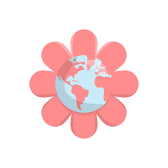 Planet earth flowering. Flower bloom with the world map in the center. Vector illustration.