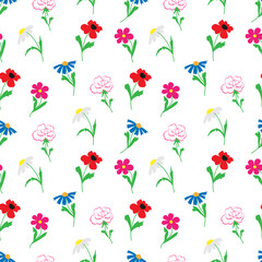 vector illustration seamless pattern of summer doodle flowers on white background. Roses, chamomiles, cornflowers, kosmeya flowers, poppies. 