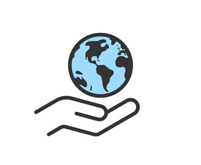 Hand holding planet earth. World environment conservation linear icon. Human protect nature. Save the planet.
