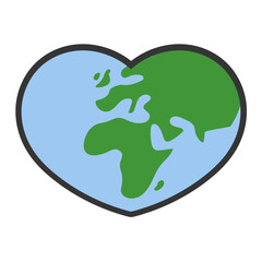 Heart shaped planet earth icon. Save the world. Eco friendly environmental message. Love. Map centered in Africa and Europe.