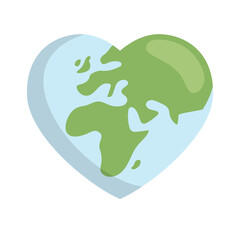 Heart shaped planet earth icon. Save the world. Eco friendly environmental message. Love. Map centered in Africa and Europe.