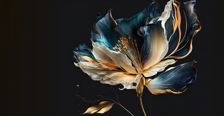 a wallpaper botanical flowers with one big flower for whole artwork flowing alcohol ink style bioluminescence navy blue background, white, gold, generative ai.