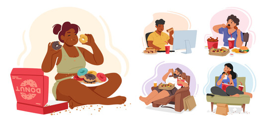 Group Of Overweight Characters With Obsessive Eating Habits Can Not Struggle To Control Their Impulses. People Overeat