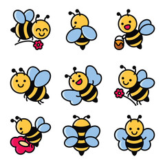 Set of bee line art illustration