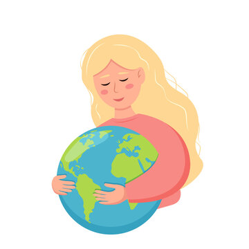 Cute girl hugs the planet Earth. Environment protection concept. Earth day. Design for greeting card, poster, banner, web or print. Vector illustration isolated on white background.