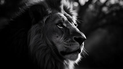 Fototapeta premium 雄ライオンの白黒写真 | Black and white photo of a male lion Generative AI