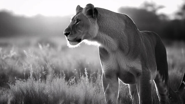 雌ライオンの白黒写真 | Black and white photo of a lioness Generative AI