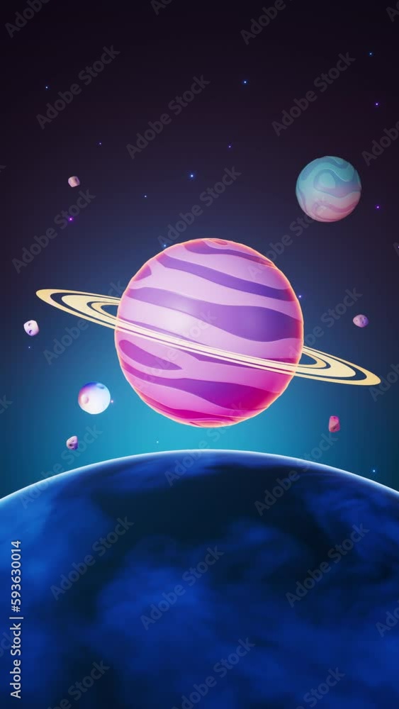 Poster cartoon style planet in the outer space, 3d rendering.