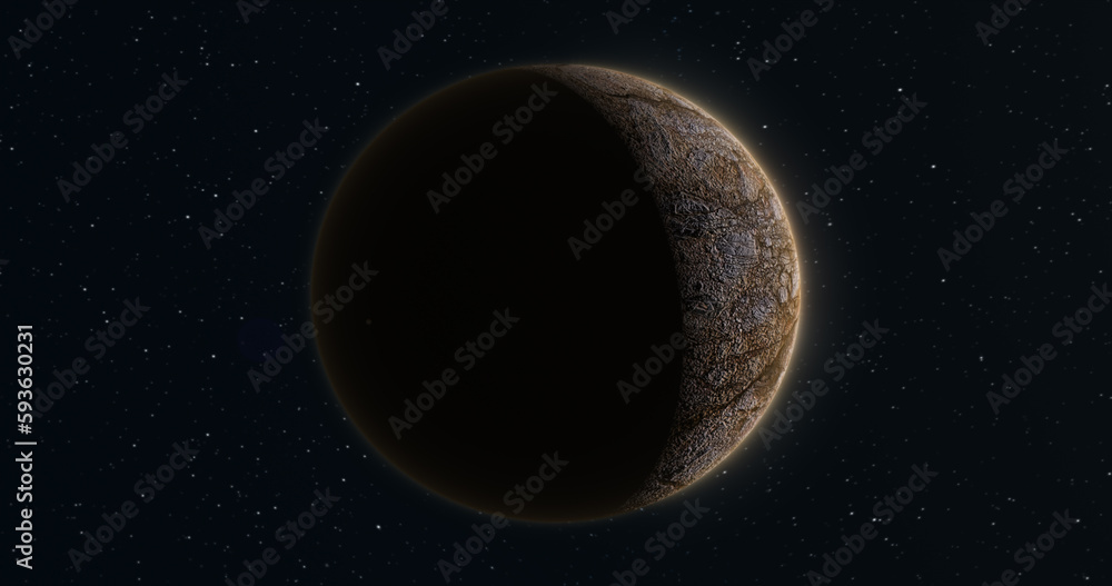 Poster abstract realistic space planet round sphere with a stone relief surface in space against the backgr