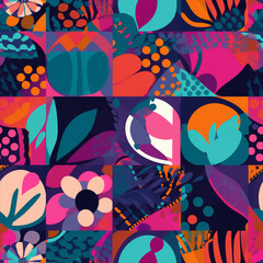 Seamless abstract floral designs that incorporate geometric shapes and patterns and bold color palettes. Use for backgrounds, packaging design, or web design.