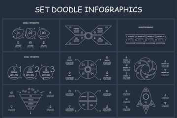 Set doodle dark infographics elements with 3, 4, 5 options, template for web on a black background.