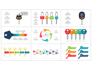 Set Keys concept for infographics with 3, 4, 5, 6, 8 steps, options, parts or processes. Business data visualization.