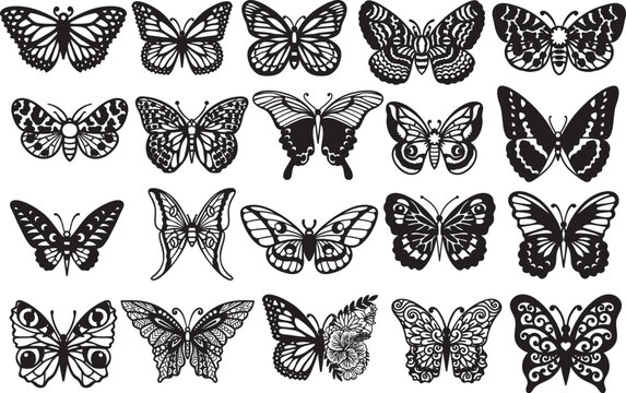Set of 20 butterflies for engraving, paper cut, caser cut, wood cut, stencil design and so on. Vector illustration