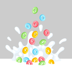 Breakfast cereal falls into milk. Image of healthy food.