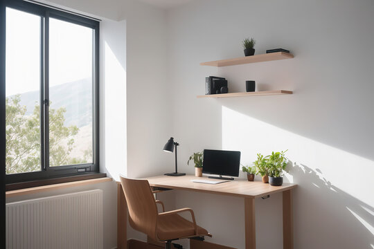 Generative AI image of modern workspace near window during summer furnished with chair and wooden desk with desktop computer