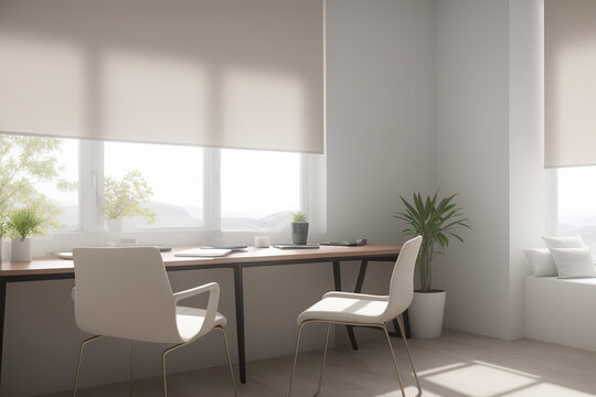 Generative AI image of work from home zone with minimalistic table chairs books placed next to sunlit windows with closed glass doors decorated plants