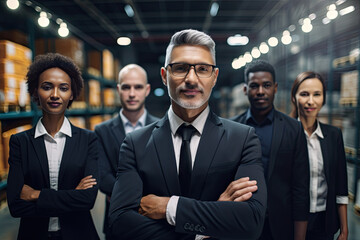 Portrait of a group of diverse business people standing in a warehouse. Selective focus,  Generative AI