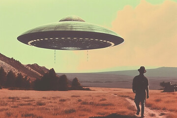minimalistic retro sci-fi collage of an unidentified flying object (ufo / UAP)  being investigated by a hiker person - Generative AI