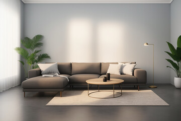 Generative AI image of interior of gray walled living room with comfortable sofa center table carpet curtains potted plants while window sunlight and standing lamp illuminating place