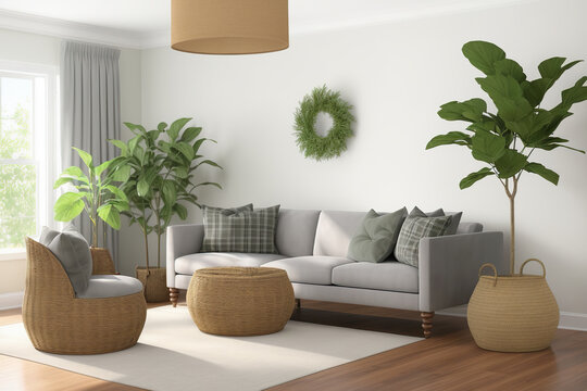 Generative AI image of white walled living room with sunlight while furnished with cozy sofa set wicker chair center table side basket and potted plants