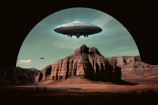 minimalistic retro sci-fi collage of an unidentified flying object (ufo / UAP) near the grand canyon - Generative AI