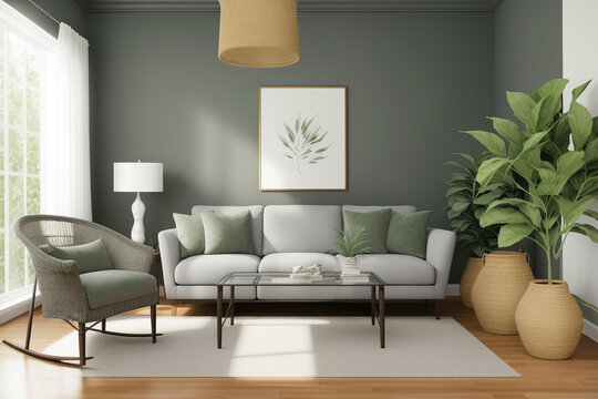 Generative AI image of interior of gray walled living room with comfortable sofa center table carpet curtains potted plants while window sunlight illuminating place