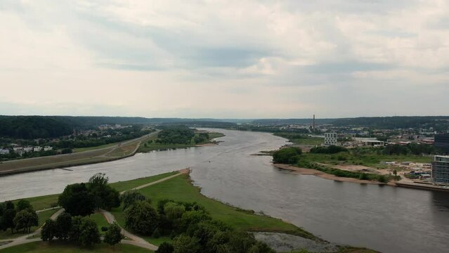 Aerial shot of the confluence of the Nemunas and Neris rivers in Kaunas, Lithuania