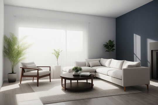 Generative AI image of interior of gray walled living room with comfortable sofa center table carpet curtains potted plants while window sunlight illuminating place