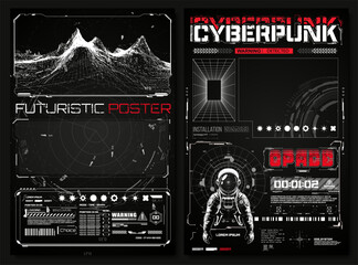 Collection of modern abstract posters. In acid style. Retro futuristic design poster metamodern and futuristic surreal wireframe. Cyberpunk retro futuristic set. Digital design elements hud style. 