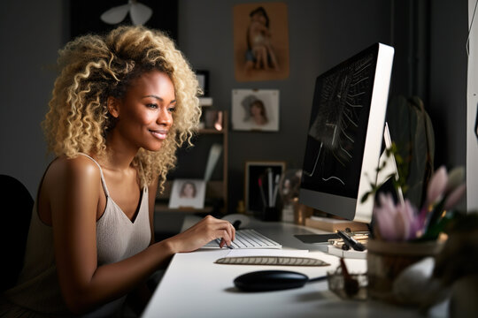 Generative AI illustration of cheerful young African American female freelancer with Afro hairstyle smiling while sitting at table during work on remote project on laptop