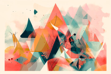 Creative generative AI illustration with colorful triangles and chaotic geometric pattern against beige background