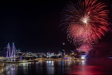 Beautiful shot of the exploding fireworks at the 2022 Yeosu Night Sea Fireworks Festival