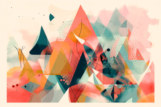 Creative generative AI illustration with colorful triangles and chaotic geometric pattern against beige background